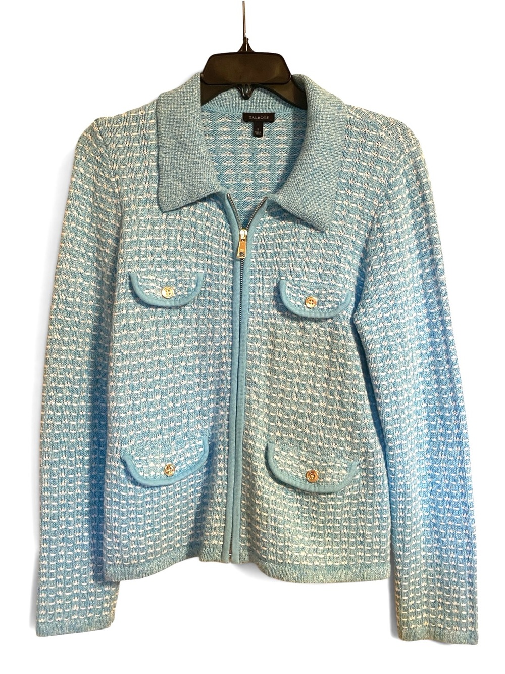 Talbots Soft Teal Tweed Zip-Up Sweater, Size Small - Picture 2 of 8